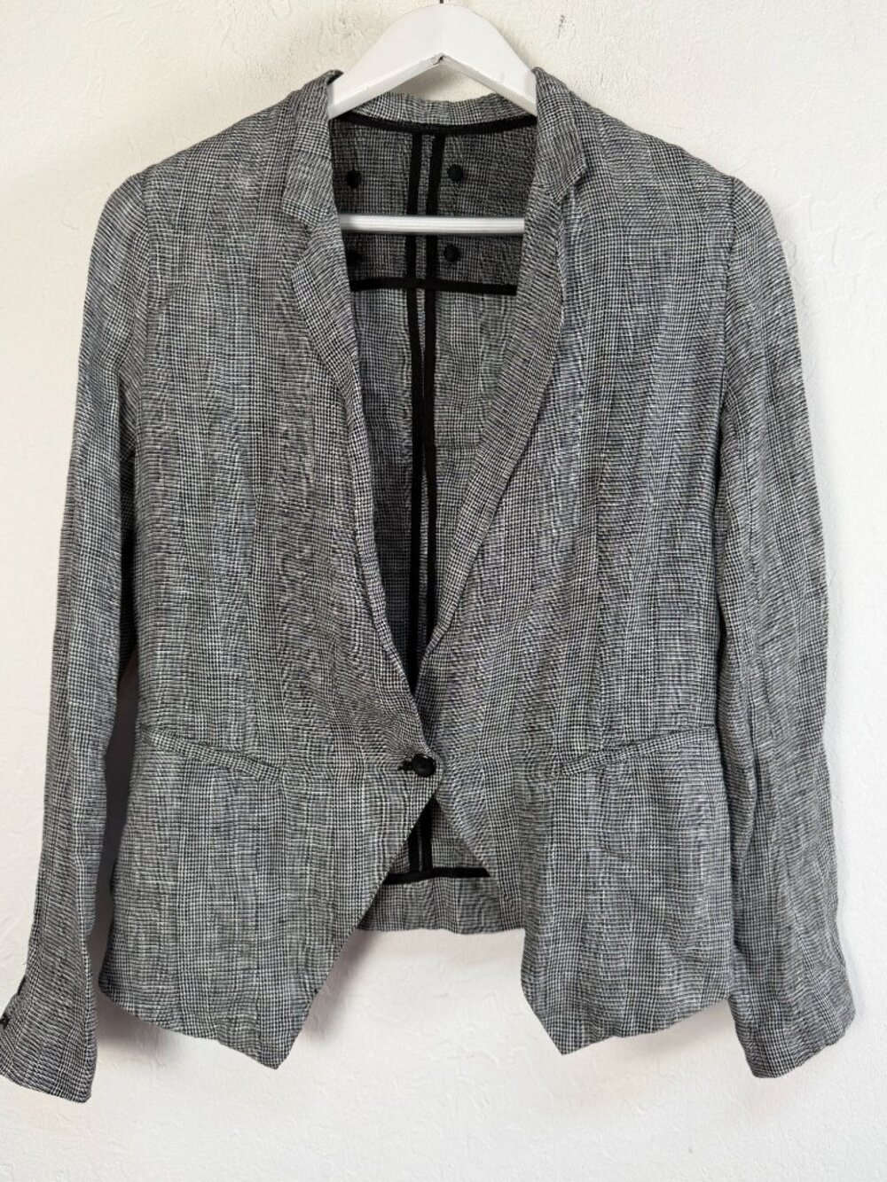 Women's Blazer Made in Italy Black White Houndstooth Linen Cotton One-Button